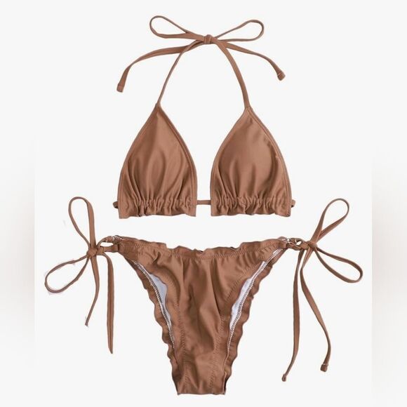 🔸️NWT Brown Lettuce Trim Side Tie String Bikini Medium - Picture 2 of 10
